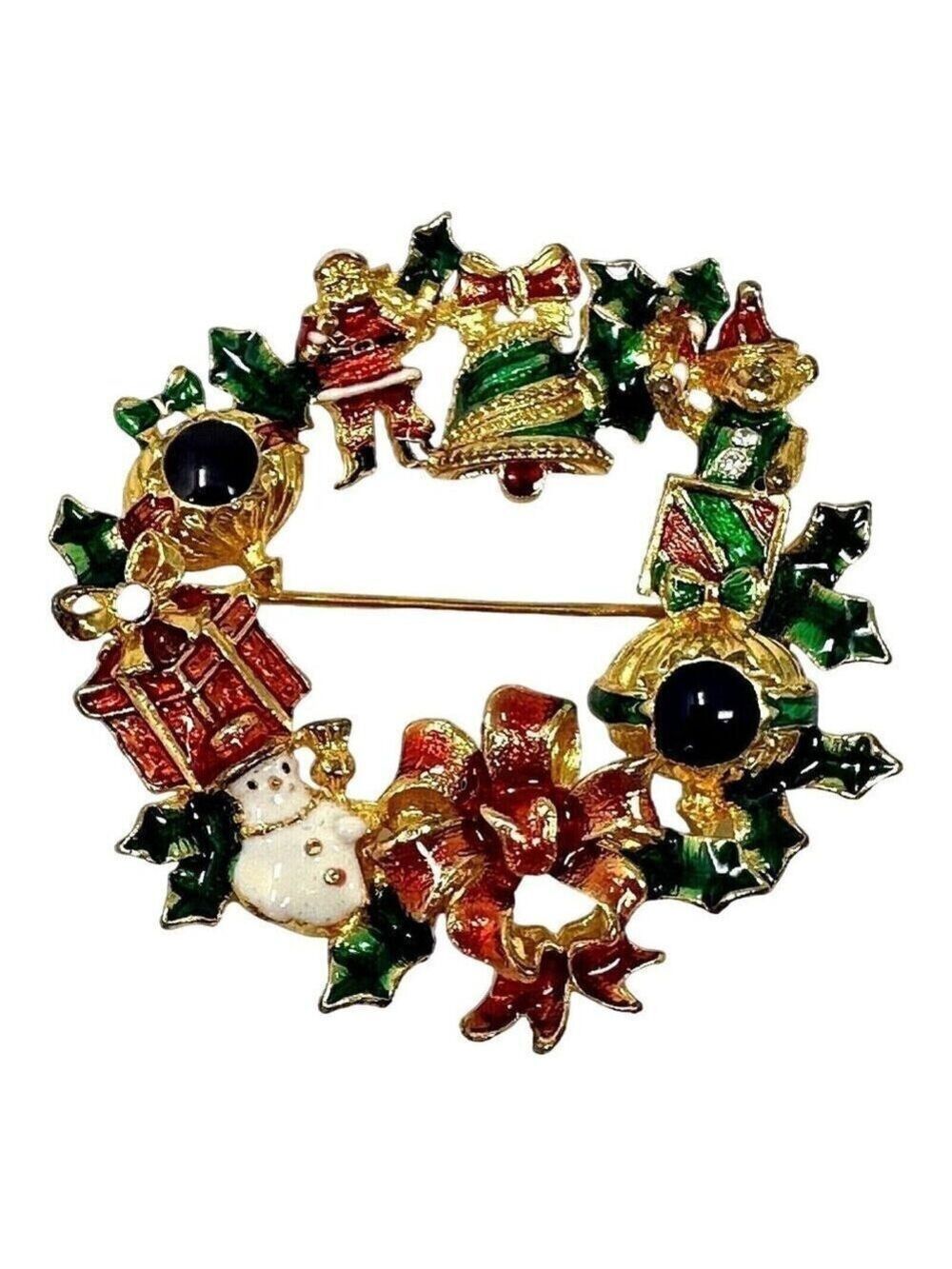 Christopher Radko Christmas Brooch Wreath Santa Snowman Holly Enamel Pin VTG